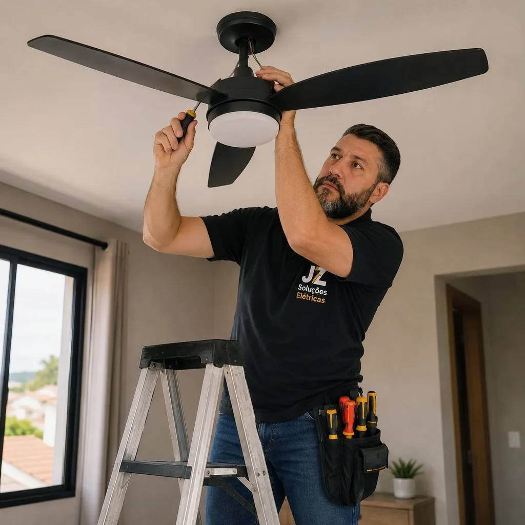 Eletricista na escada instalando um ventilador de teto